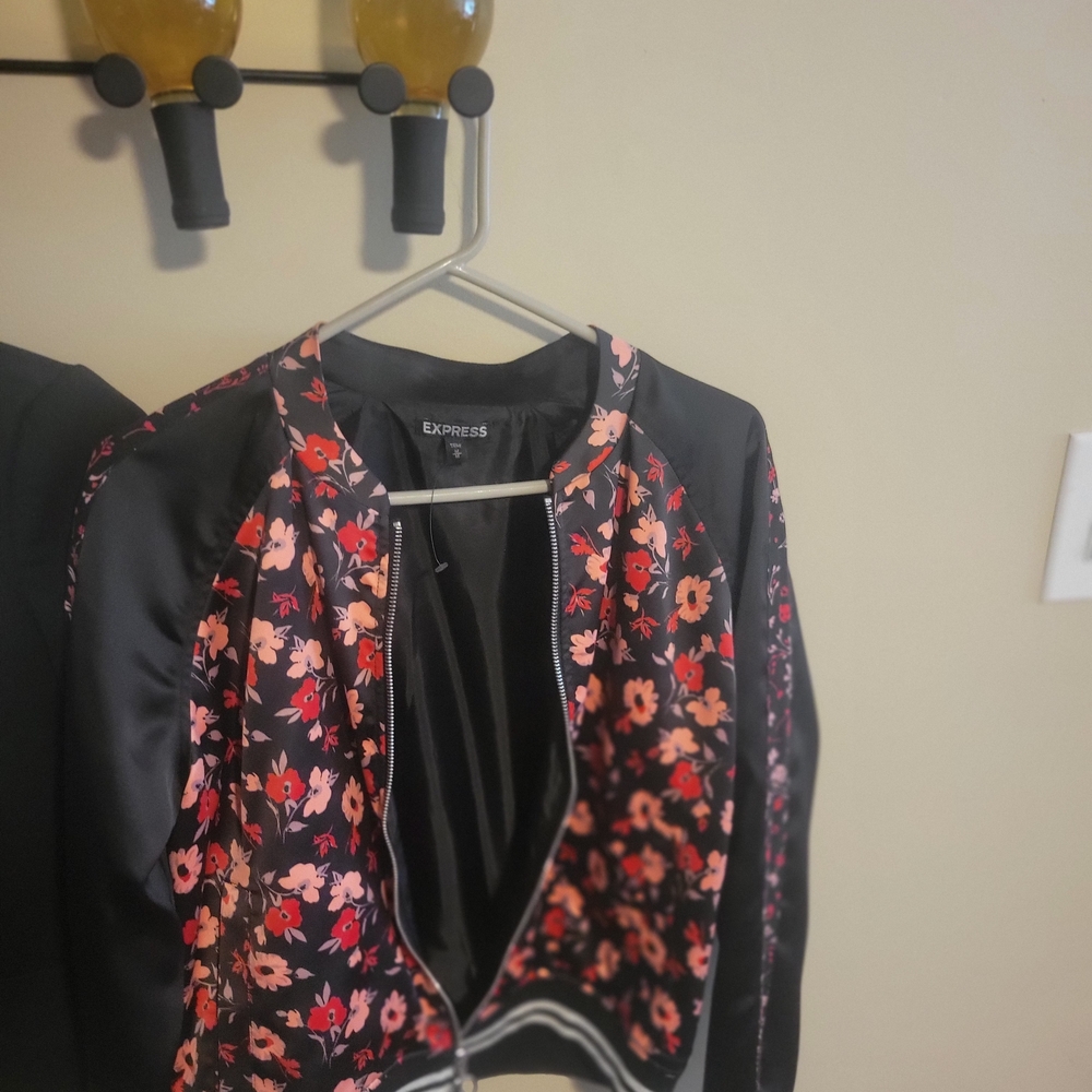 Express Floral Bomber Jacket in Black with Red and Pink Accents - Picture 2 of 6